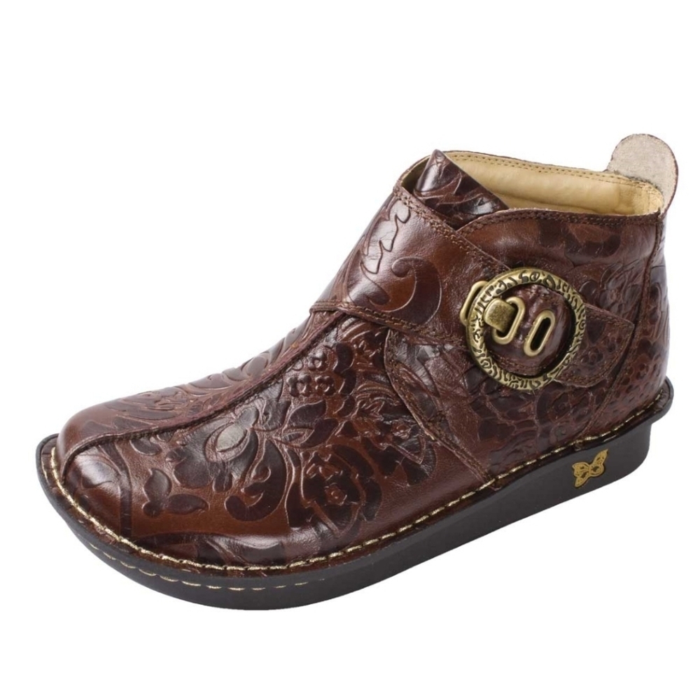 Alegria Caiti Yeehaw Floral Tooled Brown Leather Buckle Ankle‎ Boots Booties 39